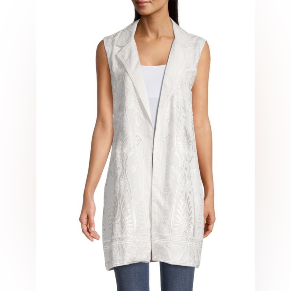 KOBI Halperin Siena Long Embroidered Linen Vest White Open Topper 147